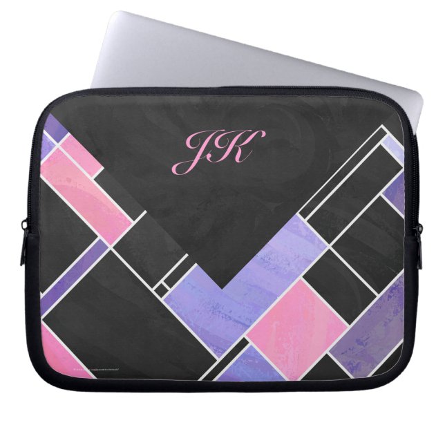 Utskrift av Mondrian Lila Rosa Black Laptop Fodral (Framsidan)
