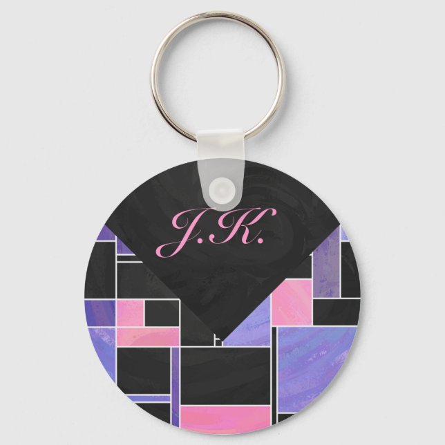 Utskrift av Mondrian Lila Rosa Black Nyckelring (Framsida)