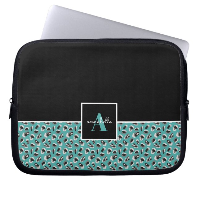 Utskrift av monogram Black & Aqua Leopard Animal Laptop Fodral (Framsidan)