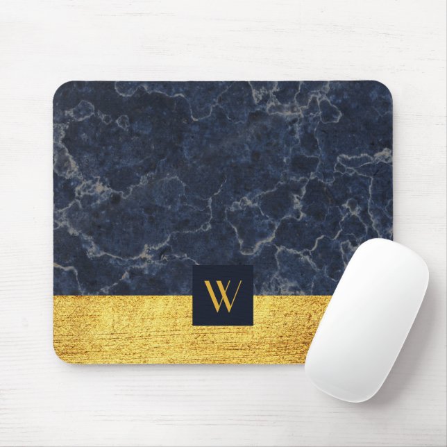 Utskrift av monogrammat Blue Marble Faux Guld Stru Musmatta (Med mus)