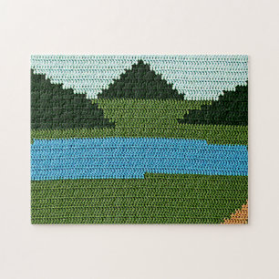 Utskrift av Rustic Sjö Backe Grönt Designer Croche Pussel