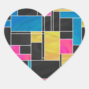 Utskrift av svart mondrian Blue Rosa Black Hjärtformat Klistermärke