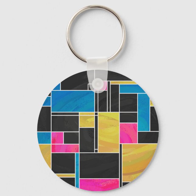 Utskrift av svart mondrian Blue Rosa Black Nyckelring (Framsida)