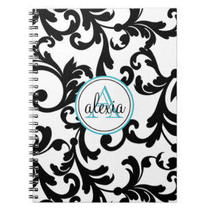 Utskrift av svart och turkos Monogrammed Damask Anteckningsbok Med Spiral