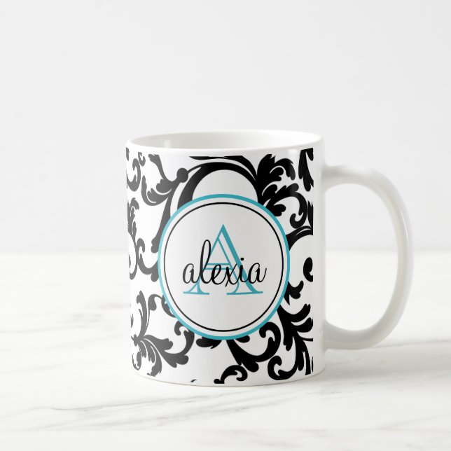 Utskrift av svart och turkos Monogrammed Damask Kaffemugg (Höger)