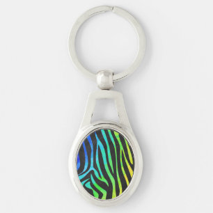 Utskrift av Zebra Black och Rainbow Ovalt Silverfärgad Nyckelring