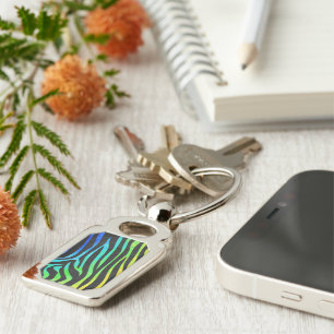 Utskrift av Zebra Black och Rainbow Rektangulärt Silverfärgad Nyckelring