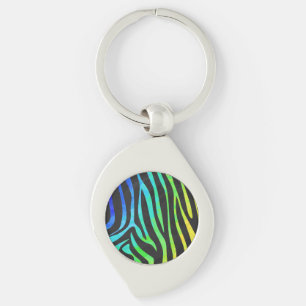 Utskrift av Zebra Black och Rainbow Swirl Silverfärgad Nyckelring