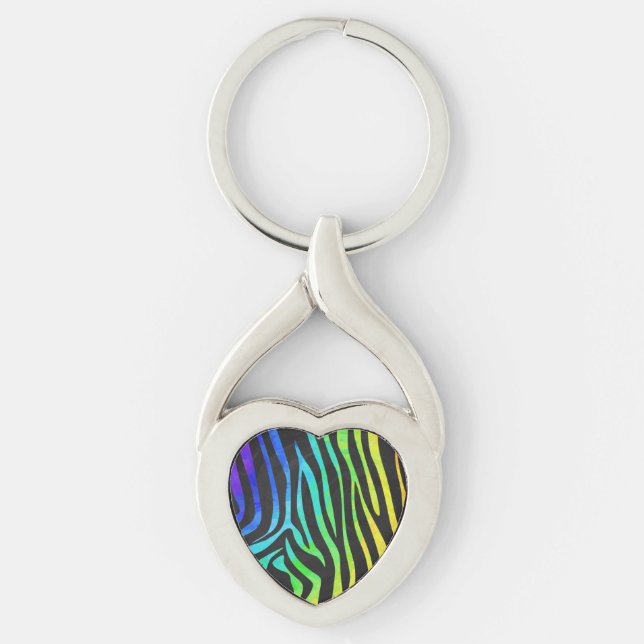 Utskrift av Zebra Black och Rainbow Twisted Heart Silverfärgad Nyckelring (Framsidan)