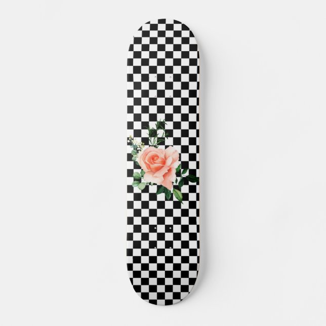 Utskrift i svartvitt och Rosa ros Mini Skateboard Bräda 18,5 Cm (Framsida)
