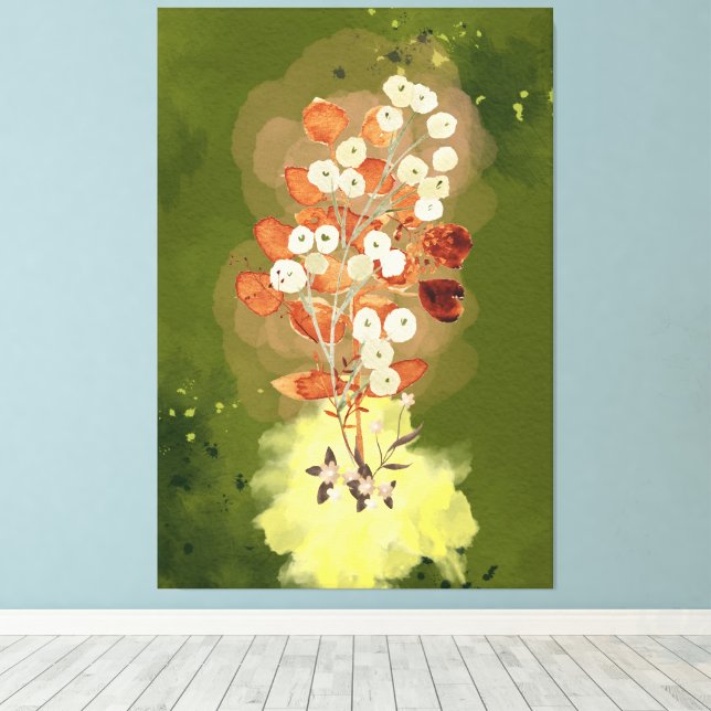 Utskrift på sträckt canvas blommor på grön bakgrun (Insitu (trägolv))