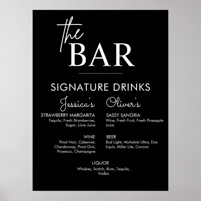 Utskriftbar svart vigsel Signature Drink Barskylt Poster (Framsidan)