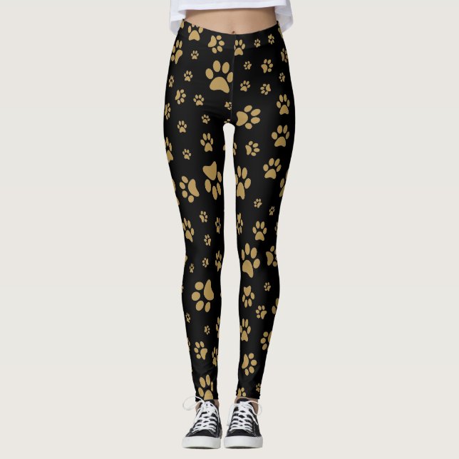 Utskriften Mönster i Cute Black och Old Guld Paw Leggings (Framsida)