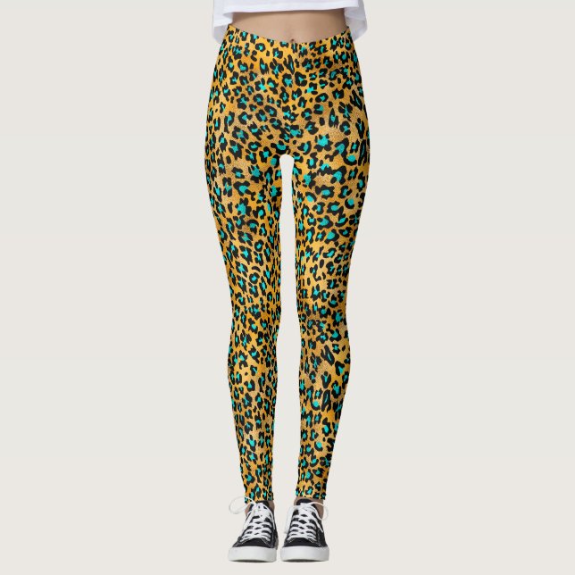 Utskriftsbenägenhet för Guld-leopard/Cute-turkos/L Leggings (Framsida)