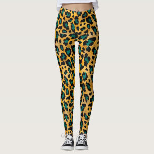 Utskriftsbensin i Cute Teal/Guld Leopard Leggings