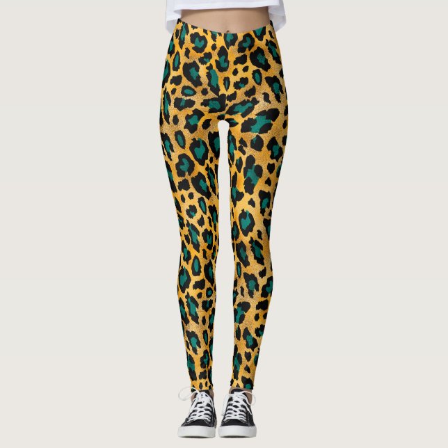 Utskriftsbensin i Cute Teal/Guld Leopard Leggings (Framsida)