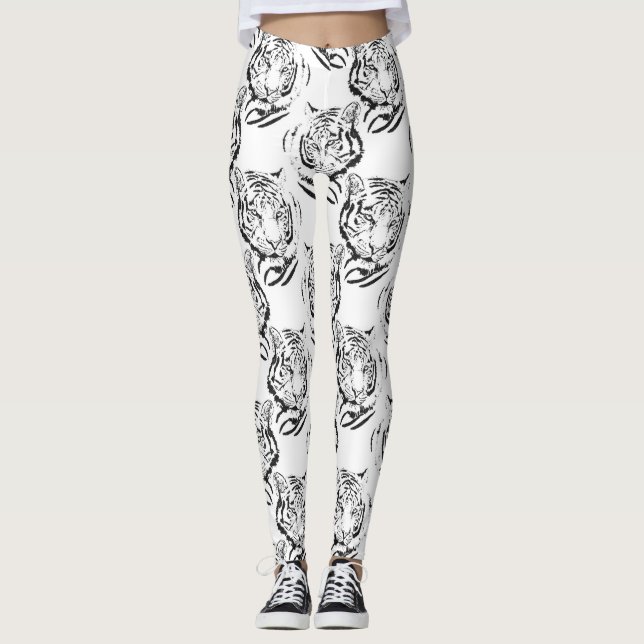 Utskriftsdesign för Elegant, svartvitt, tiger huvu Leggings (Framsida)