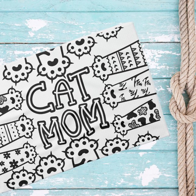 Utskriftsdesign för svart och vit katt Mamma-färg Kökshandduk (Skapare uppladdad)