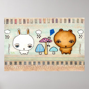 Utskriftsfacket Cute Bunny och Bear Mixed Media Pr Poster
