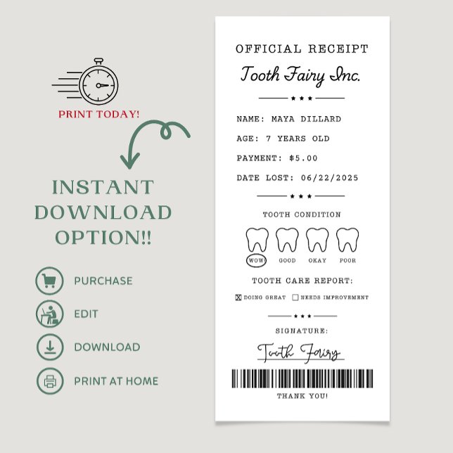 Utskriftsformat för tandmejerivaruinleverans, redi inbjudningar (tooth fairy, tooth fairy receipt, tooth fairy notification, tooth fairy letter, tooth fairy )