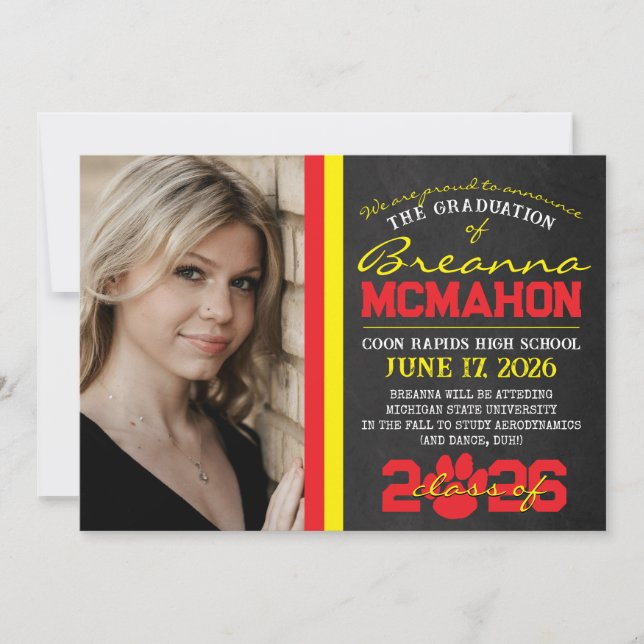 Utskriftsmeddelande om Red & Gult Paw Studenten Inbjudningar (Framsida)