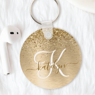 Utskriftsmonogram för Faux Guld Brushed Metall Gli Nyckelring