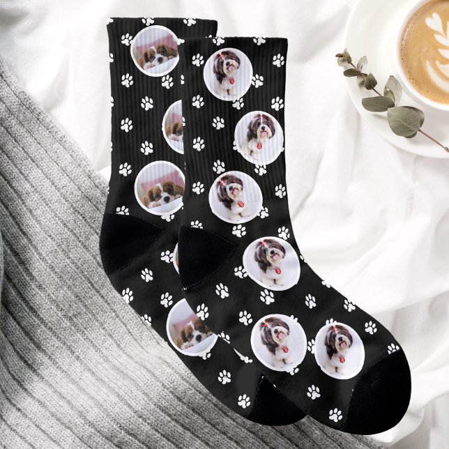 Utskriftssocklar för fotosvart Hund i anpassningsb Strumpor (Custom Dog Photo Black Paw Print Socks)