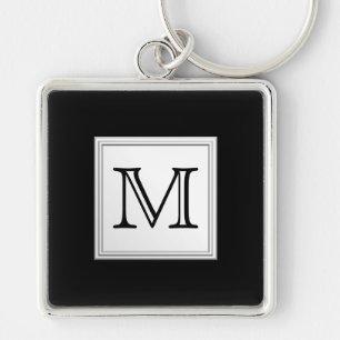 Utskrivaven beställnings- Monogram. Svart och ble Fyrkantig Silverfärgad Nyckelring