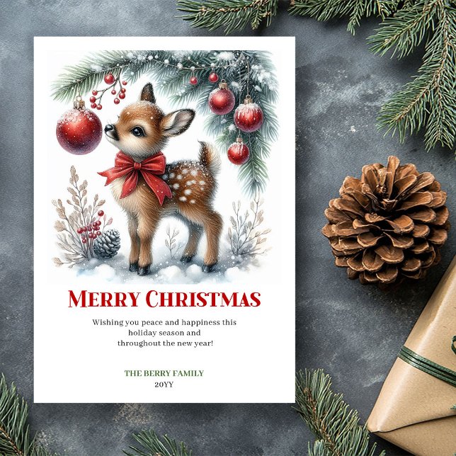 Utskrivbar Baby Dov Julscen Vattenfärg  Julkort (Printable Baby Fawn Christmas Scene Watercolor Greeting Card

)