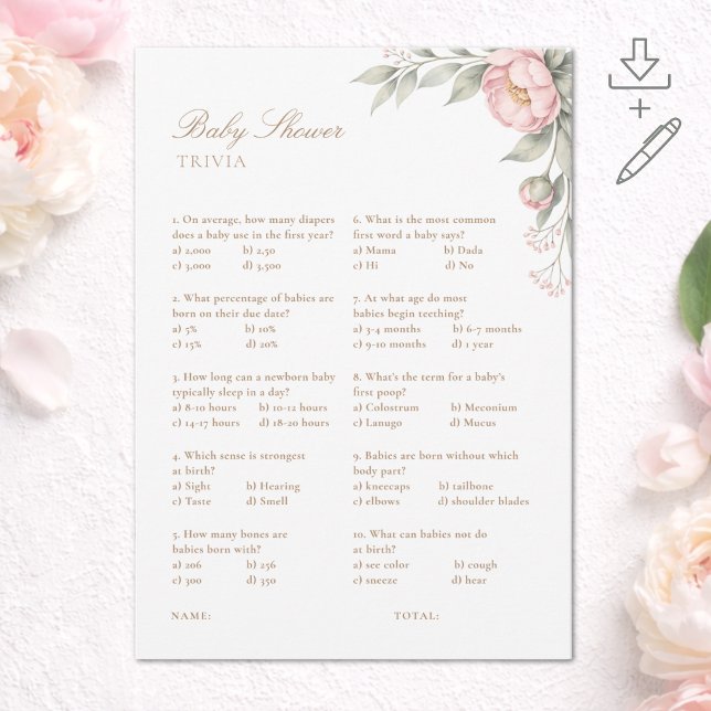 Utskrivbar Baby Shower Trivia Kort 'In Bloom' (Skapare uppladdad)