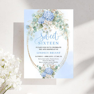 Utskrivbar blå blomster- guld Sweet Sixteen-fest Inbjudningar