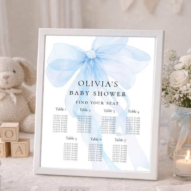 Utskrivbar blå rosett baby shower sittplatskarta poster (Skapare uppladdad)