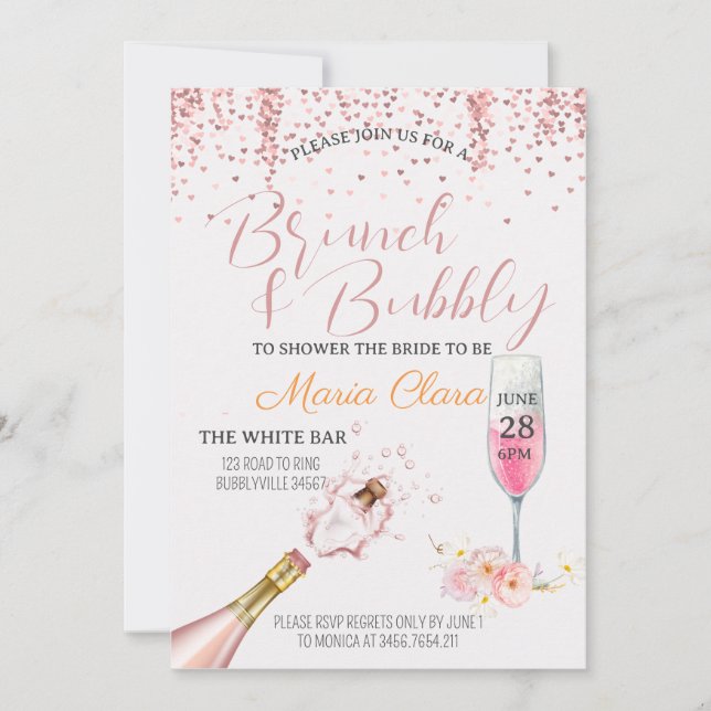 Utskrivbar - Brunch & Bubbly Rosa Champange Inbjudningar (Framsida)