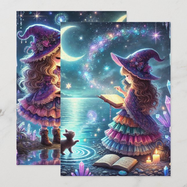 Utskrivbar Cute Whimsical Witch Halloween Magic Inbjudningar (Fram/baksida)