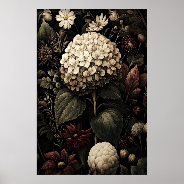 Utskrivbar Hydrangea Väggkonst, Antik Mörk Poster (Framsidan)