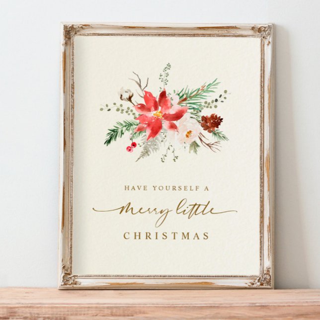 Utskrivbar julutskrift Elegant Boho Grönska Poster (Printable Christmas Gift - Boho Elegant Holiday Print with poinsettia and greenery foliage)