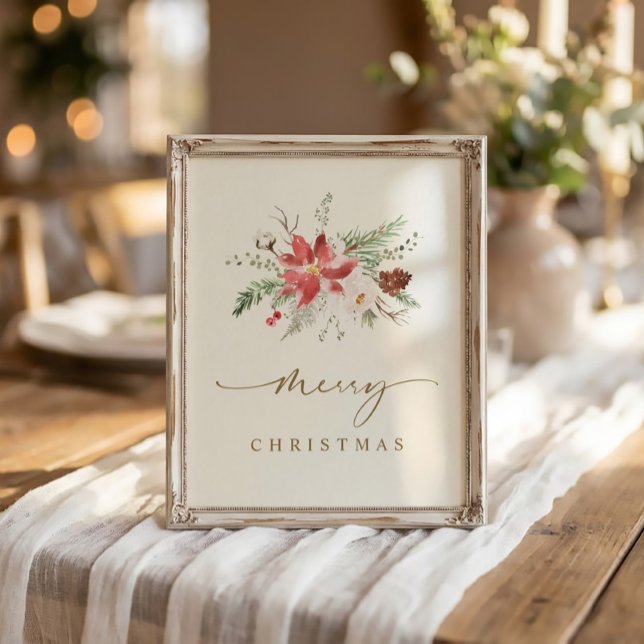 Utskrivbar julväggskonst Elegant Boho Grönska Poster (Elegant Merry Christmas sign 8x10 watercolor poinsettia and winter greenery)