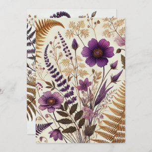 Utskrivbar Lila & Guld Boho Wildblommor och Ferns Inbjudningar