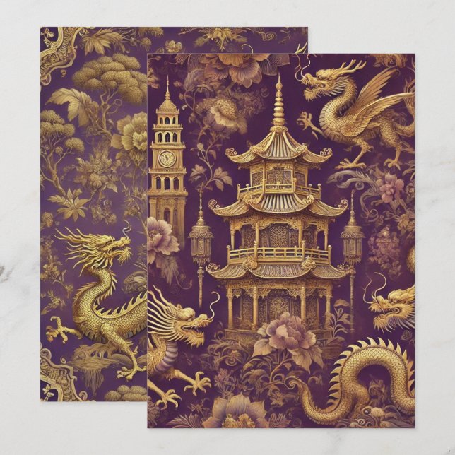 Utskrivbar Lila & Guld Victorian Chinoiserie Inbjudningar (Fram/baksida)