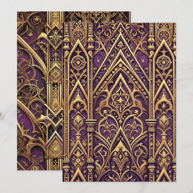 Utskrivbar Lila & Guld Victorian Gothic Mönster Inbjudningar (Fram/baksida)