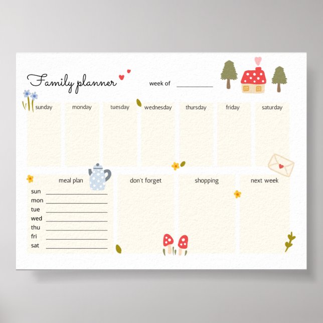 Utskrivbar Mysigt hemkalender för veckovis familje Poster (Framsidan)