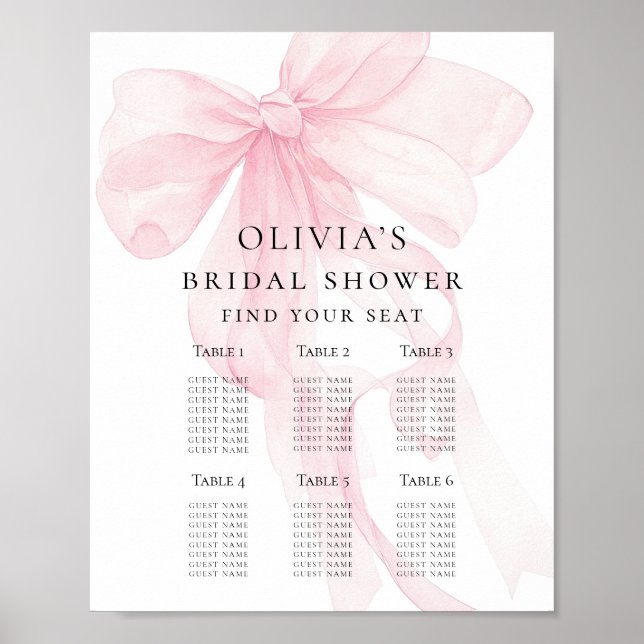 Utskrivbar rosa båge bröllopsdusch sittplatsschema poster (Framsidan)
