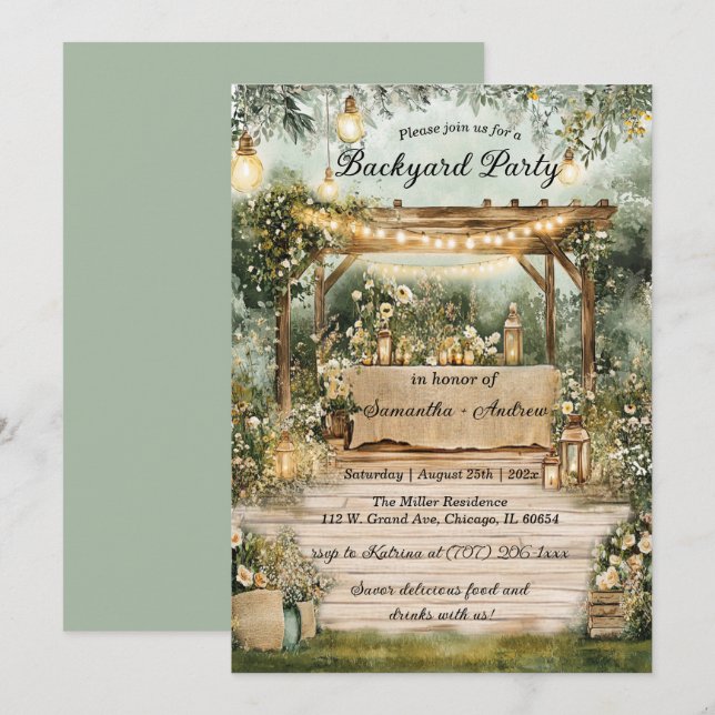 Utskrivbar rusticifik fest i bakgården inbjudningar (Fram/baksida)