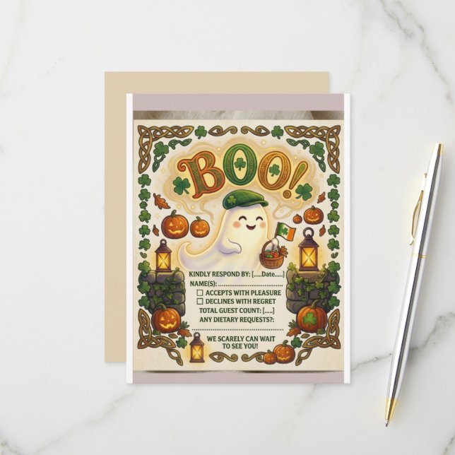 Utskrivbar spöklik St. Patrick Halloween RSVP-kort OSA Kort (Fram/Back In Situ)