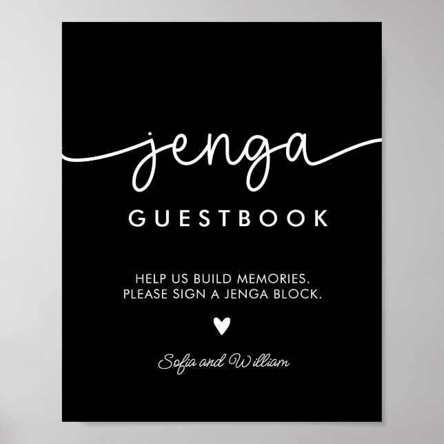 Utskrivbar svart bröllops-Jenga-gästbokssköld Poster (Framsidan)