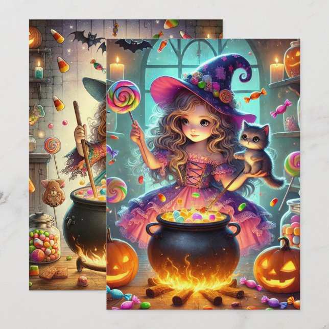 Utskrivbara Cute Whimsical Witch Halloween-behandl Inbjudningar (Fram/baksida)