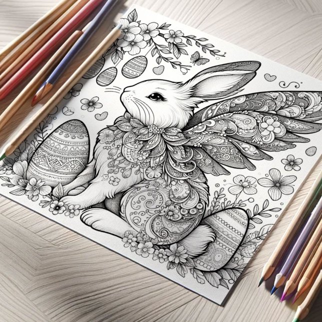 Utskrivbara färgsidor för Kreativ Påsk Poster (Easter coloring pages for adults printable magical bunny rabbit and Easter eggs Do Tell A Belle)