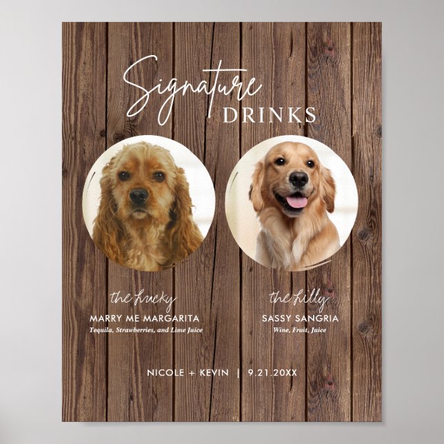 Utskrivbara hundsignaturdrycker Rustikt bröllopssk Poster (Framsidan)