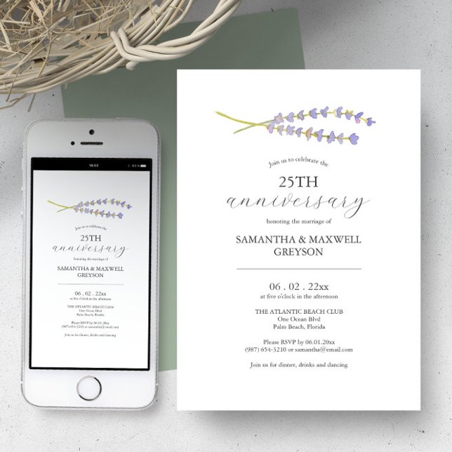 Utskrivbara inbjudningar på 25:e Bröllop-årsdagen (Wedding anniversary invitation minimalistic watercolor lavender art by Victoria Grigaliunas)