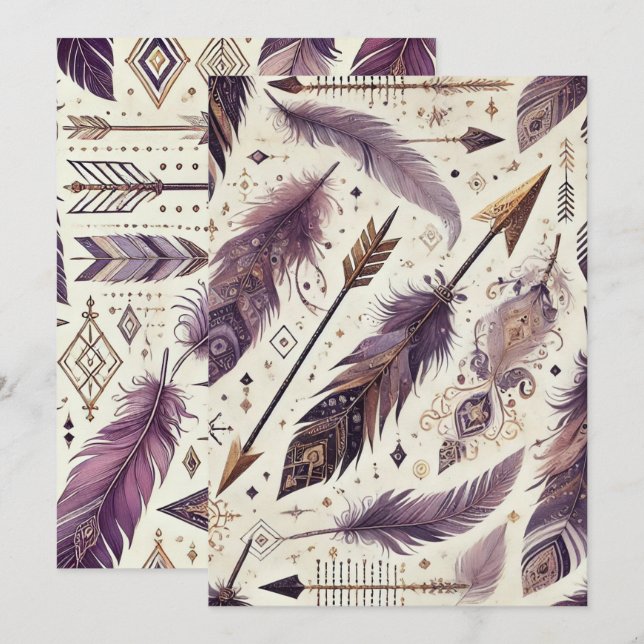 Utskrivbara Lila & Guld Boho Arrows & Feathers Inbjudningar (Fram/baksida)